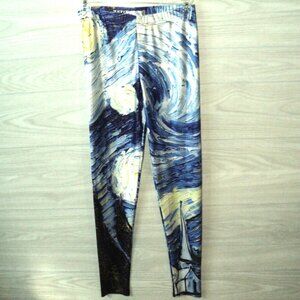 OnLine Legging Store Women's Size L Leggings Galaxy Abstract Blue, Silver, Gold